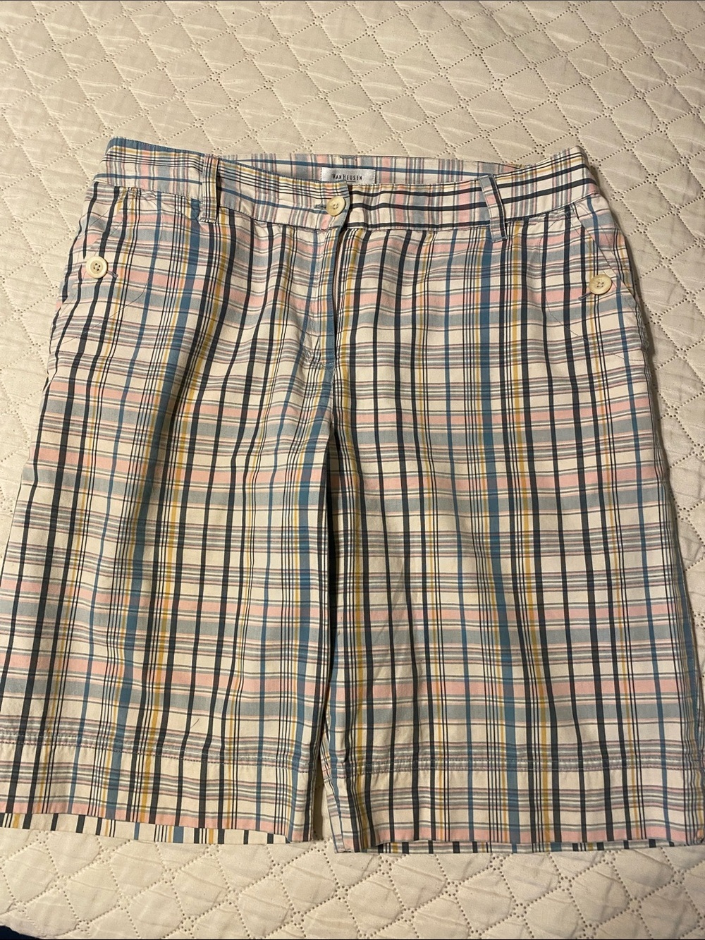 Van Heusen Size 12 Pastel Plaid Bermuda Shorts - Blue, Pink, Yellow
